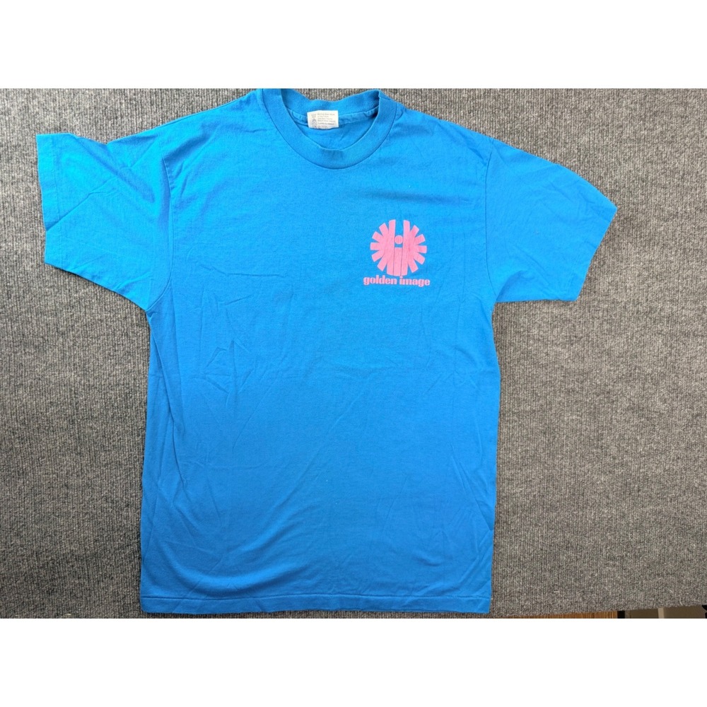 Vintage Hanes T Shirt L Blue Cotton Blend Graphic Tan It USA Made Single Stitch